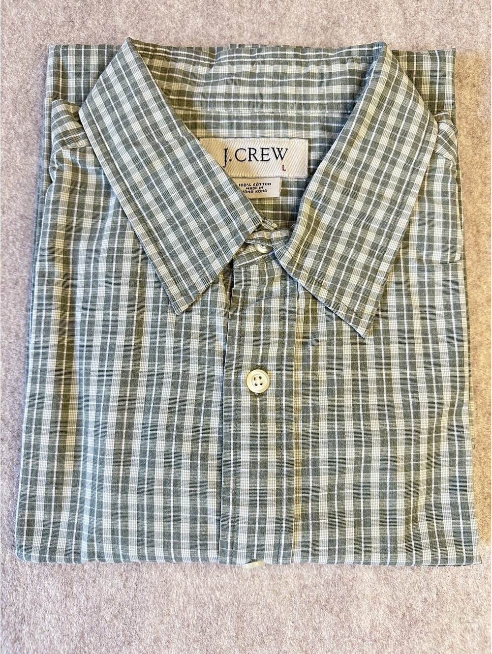 J Crew Green White Plaid Short  Sleeve Button Down Shirt Men’s Lg Cotton